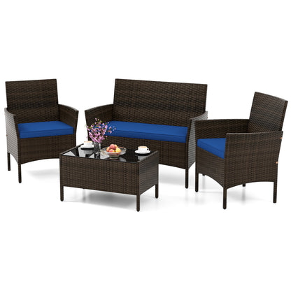 4 Piece Patio Rattan Conversation Set with Cozy Seat Cushions-Navy - Navy