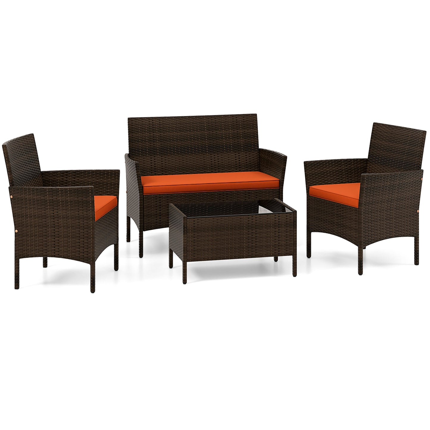 4 Piece Patio Rattan Conversation Set with Cozy Seat Cushions-Navy - Orange