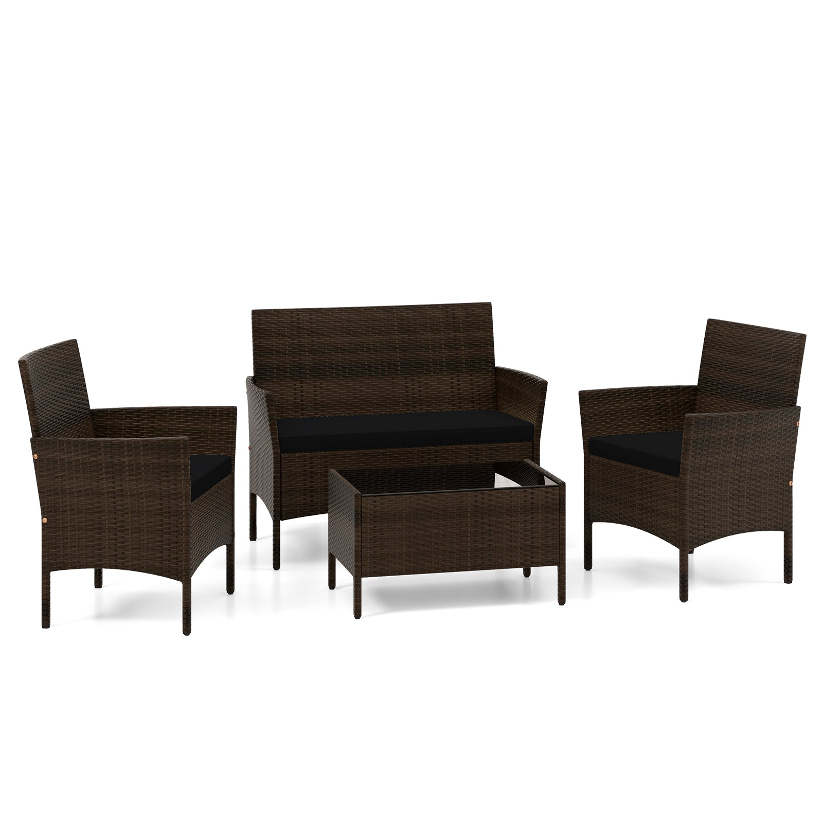 4 Piece Patio Rattan Conversation Set with Cozy Seat Cushions-Navy - Black