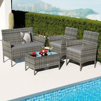4 Pieces Patio Rattan Conversation Set with Tempered Glass Coffee Table