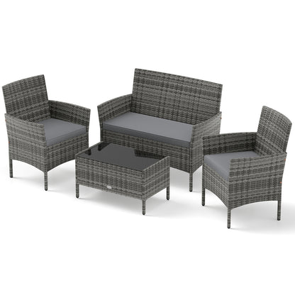 4 Pieces Patio Rattan Conversation Set with Tempered Glass Coffee Table