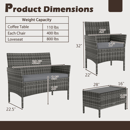 4 Pieces Patio Rattan Conversation Set with Tempered Glass Coffee Table