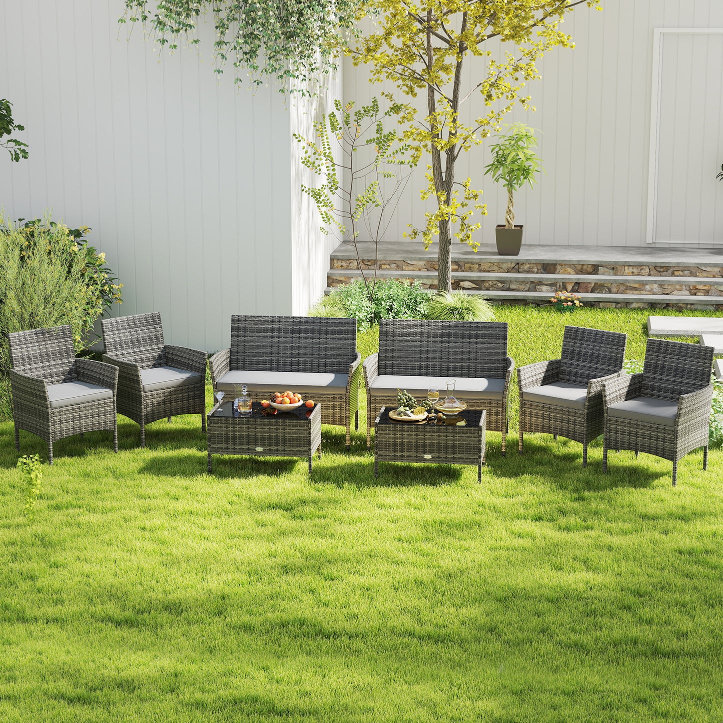 4 Pieces Patio Rattan Conversation Set with Tempered Glass Coffee Table