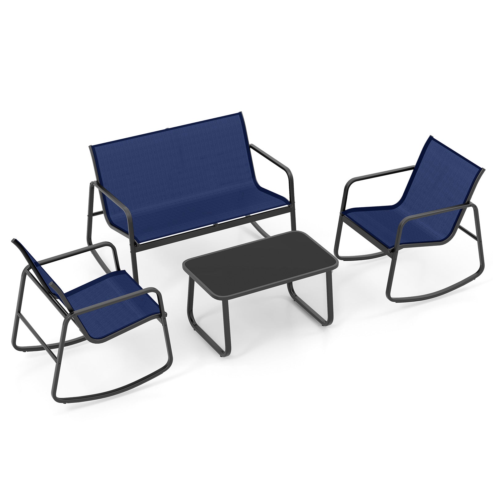 4 Piece Patio Rocking Set with Glass-Top Table-Navy - Navy