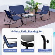 4 Piece Patio Rocking Set with Glass-Top Table-Navy