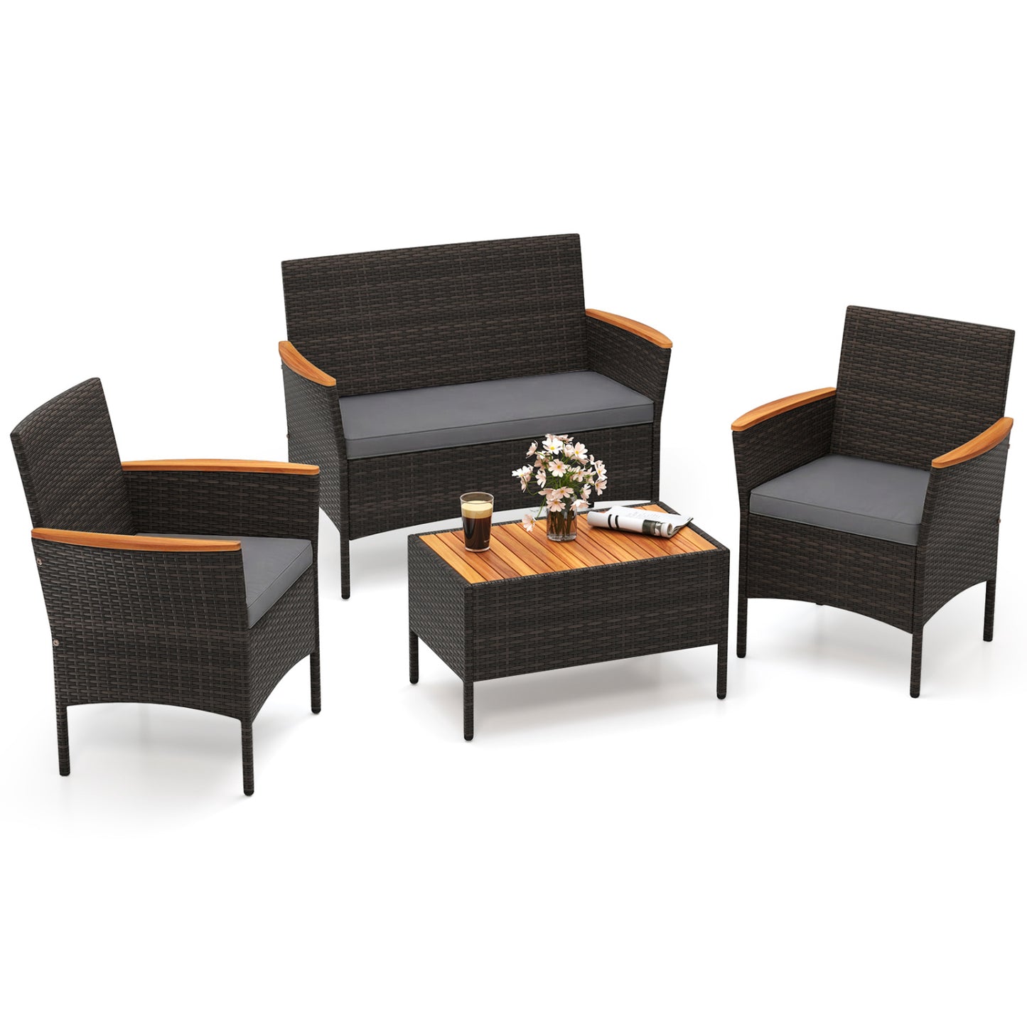 4 Piece Patio Wicker Sofa Set 2 Rattan Chairs and Loveseat with Table-Grey - Grey