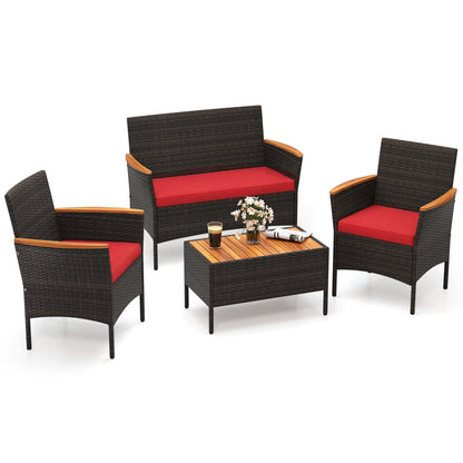 4 Piece Patio Wicker Sofa Set 2 Rattan Chairs and Loveseat with Table-Grey - Red