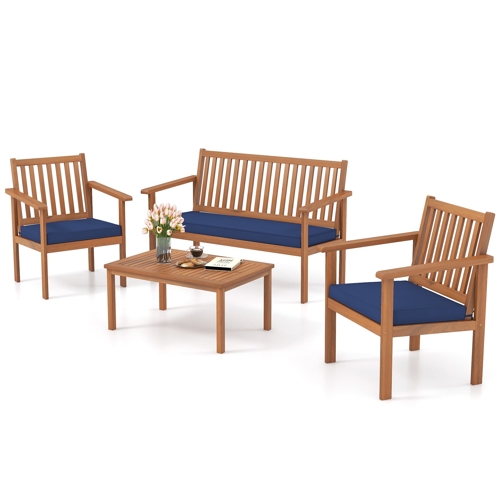 4 Piece Patio Wood Furniture Set Acacia Wood Sofa Set with Loveseat-Navy - Navy