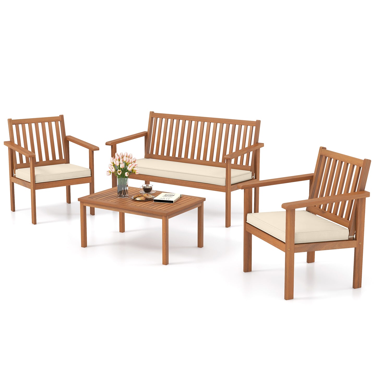 4 Piece Patio Wood Furniture Set Acacia Wood Sofa Set with Loveseat-Navy - Off White