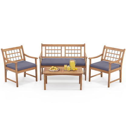 4 Piece Wood Patio Furniture with Armchairs Loveseat and Coffee Table