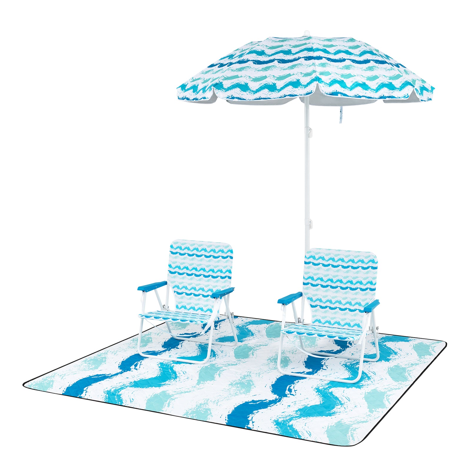 4 Pieces Beach Umbrella Set with 2 Foldable Chairs and Picnic Blanket-Blue