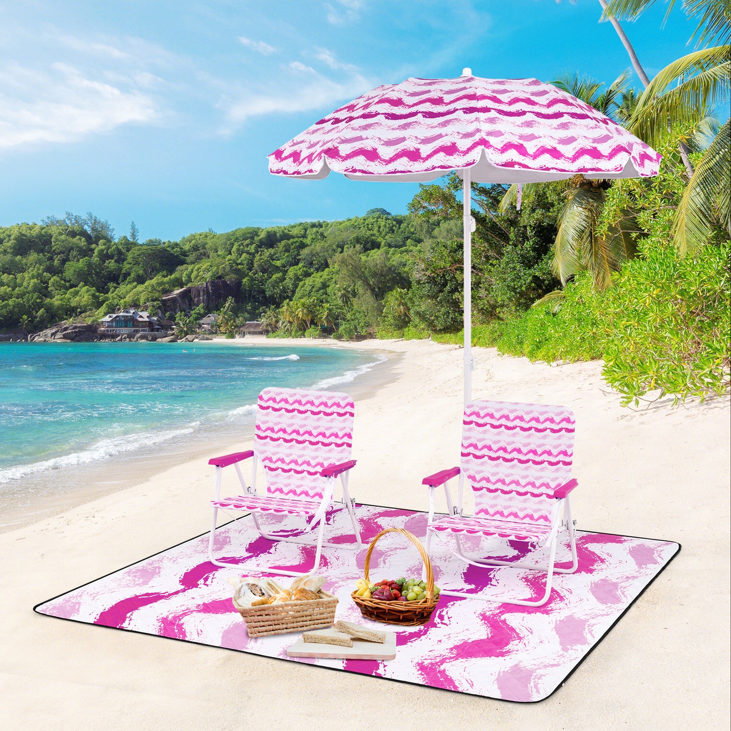 4 Pieces Beach Umbrella Set with 2 Foldable Chairs and Picnic Blanket-Pink