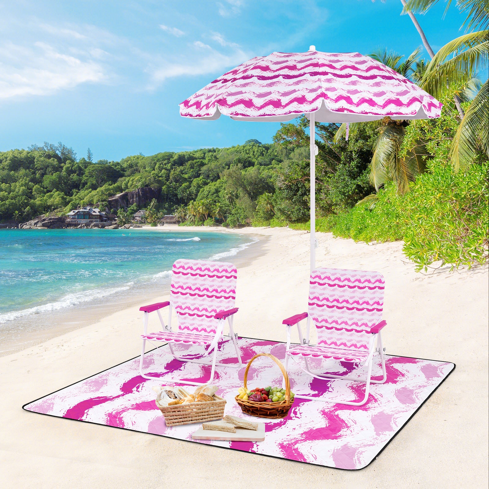 4 Pieces Beach Umbrella Set with 2 Foldable Chairs and Picnic Blanket-Pink