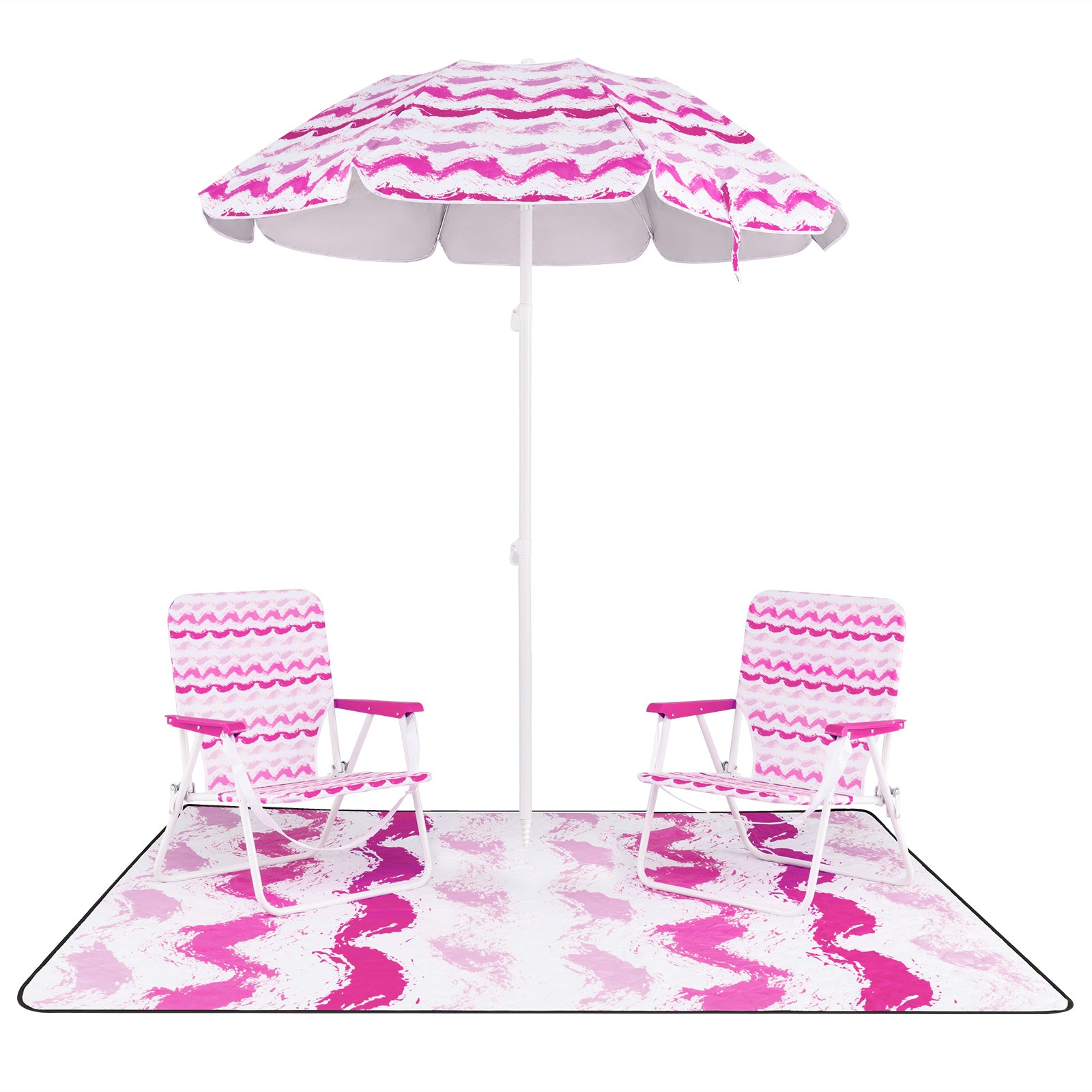 4 Pieces Beach Umbrella Set with 2 Foldable Chairs and Picnic Blanket-Pink