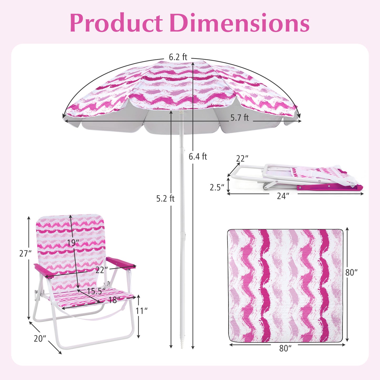 4 Pieces Beach Umbrella Set with 2 Foldable Chairs and Picnic Blanket-Pink