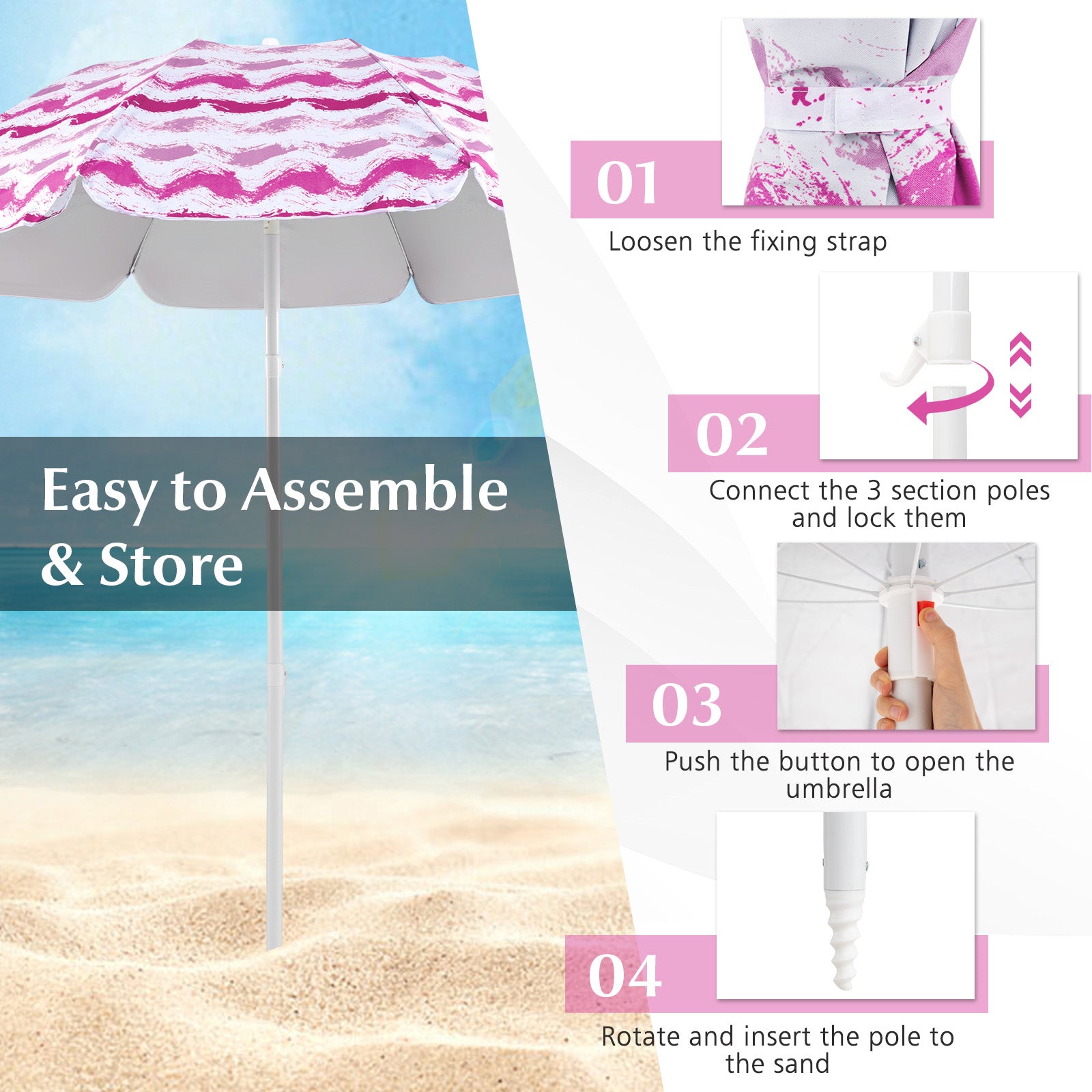 4 Pieces Beach Umbrella Set with 2 Foldable Chairs and Picnic Blanket-Pink