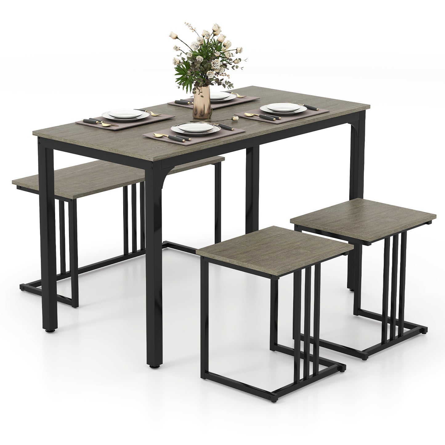 4 Pieces Industrial Dining Table Set with Bench and 2 Stools-Brown - Oak