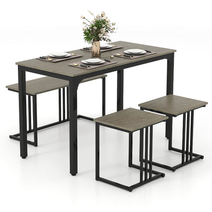 4 Pieces Industrial Dining Table Set with Bench and 2 Stools-Brown - Oak