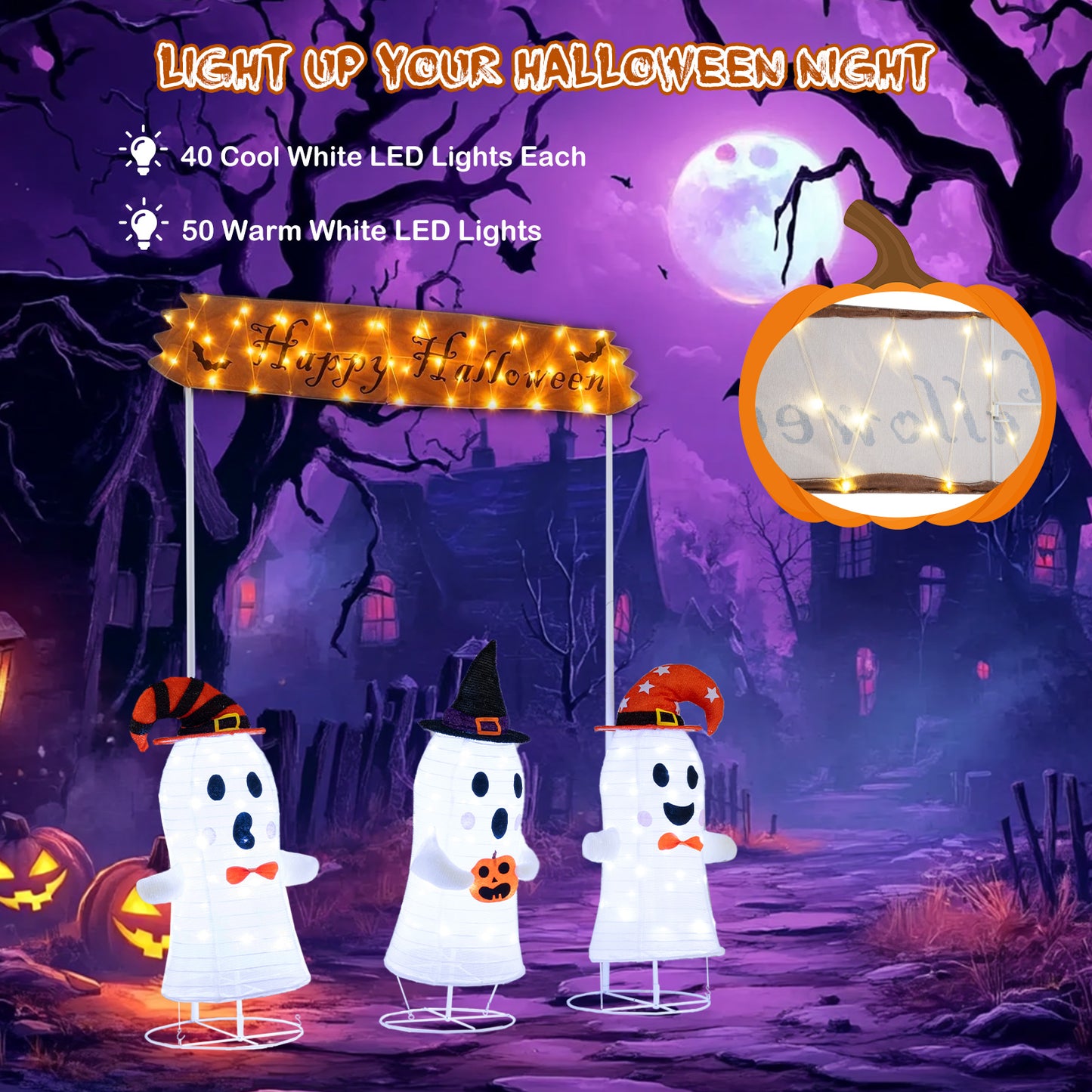 4 Pieces Halloween Decoration Pop up Ghosts with Gate and LED Lights