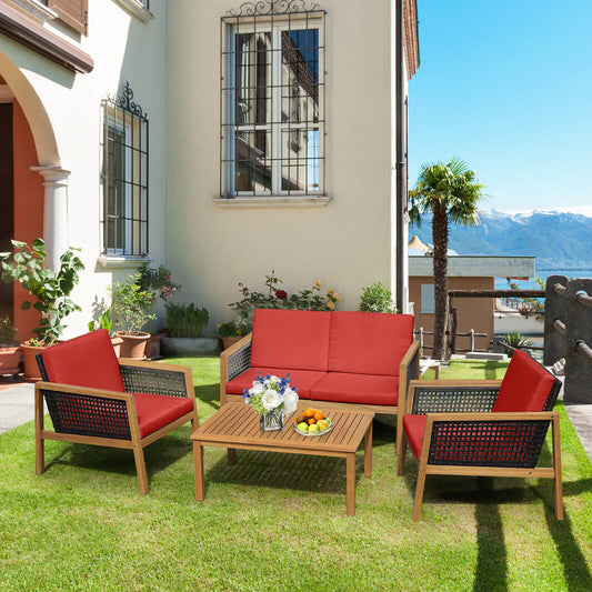 4 Pieces Patio Rattan Furniture Set with Removable Cushions