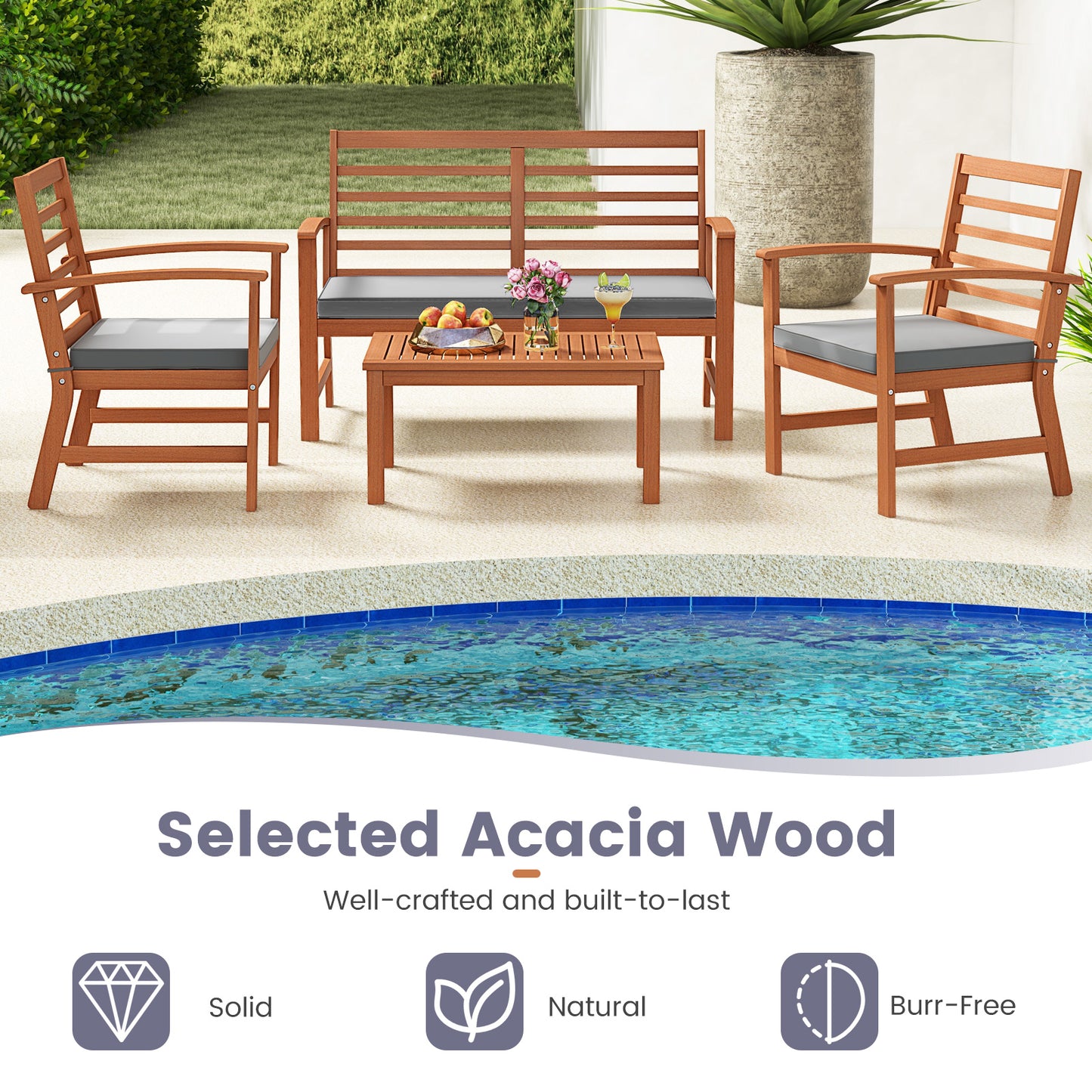 4 Pieces Outdoor Furniture Set with Stable Acacia Wood Frame