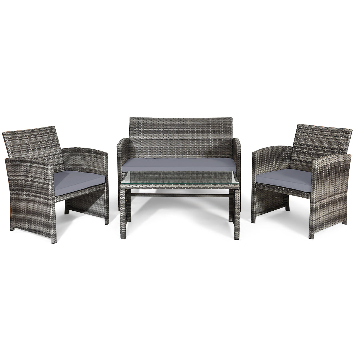 4 Pieces Patio Rattan Furniture Set with Glass Table and Loveseat-Gray - Gray