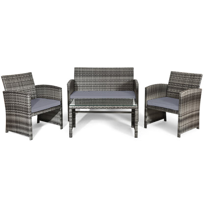 4 Pieces Patio Rattan Furniture Set with Glass Table and Loveseat-Gray - Gray