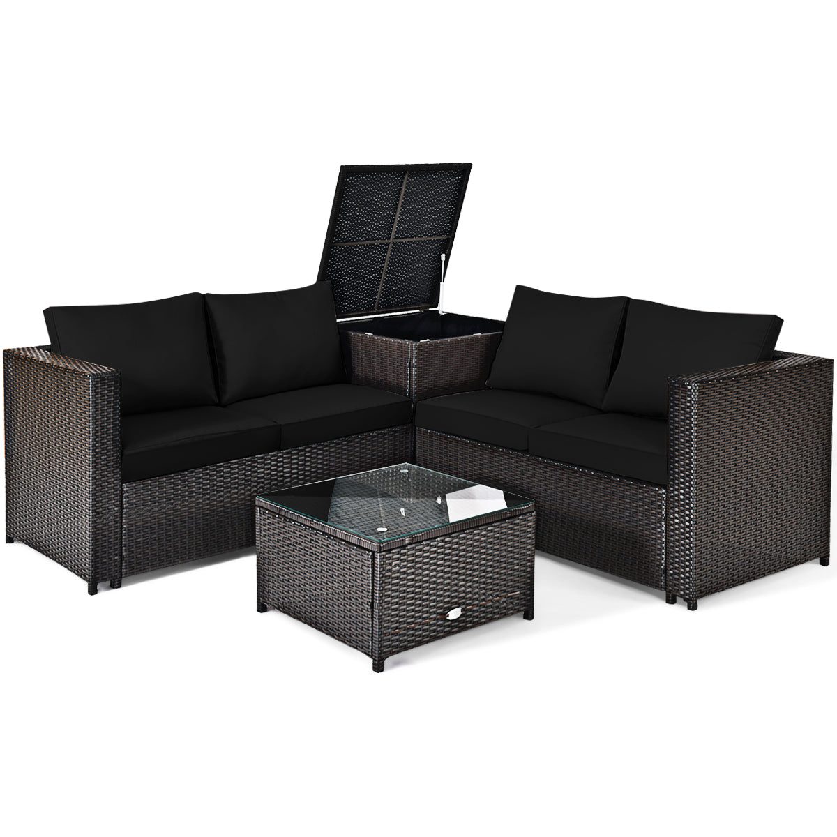 4 Pieces Outdoor Patio Rattan Furniture Set with Cushioned Loveseat and Storage Box-Brown - Black