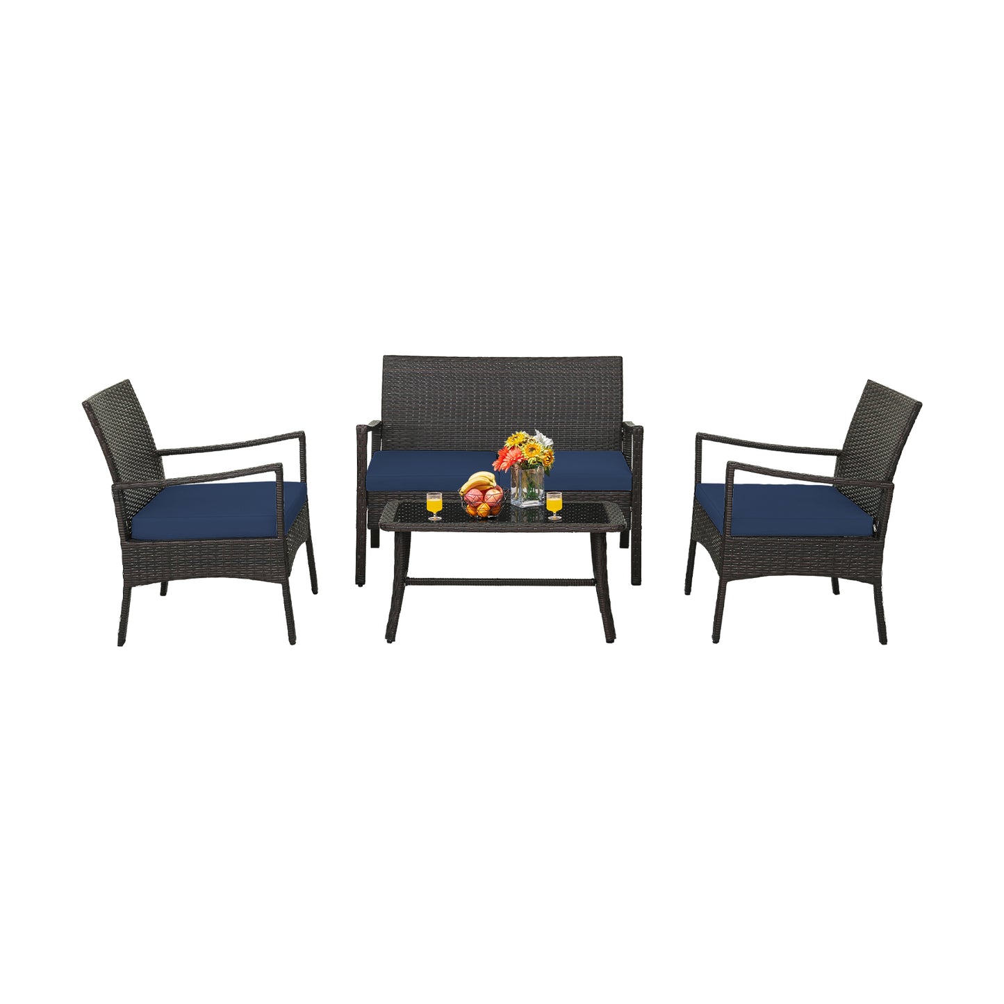 4 Pieces Rattan Conversation Set with Tempered Glass Coffee Table-Turquoise - Navy