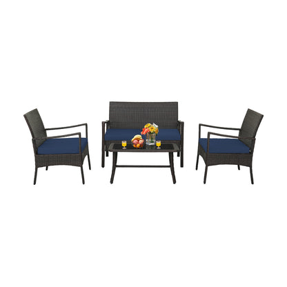 4 Pieces Rattan Conversation Set with Tempered Glass Coffee Table-Turquoise - Navy
