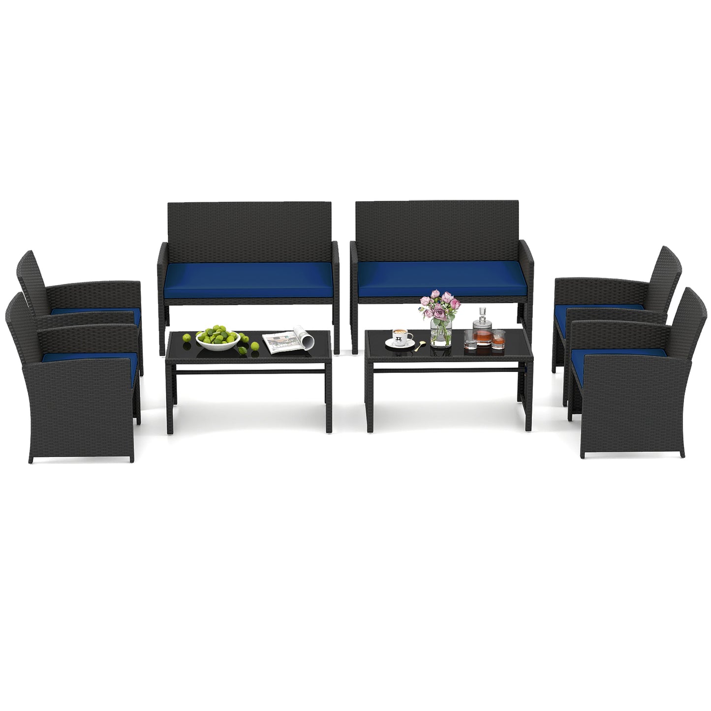 4 Pieces Patio Furniture Set with Tempered Glass Tabletop and Removable Cushion-Navy