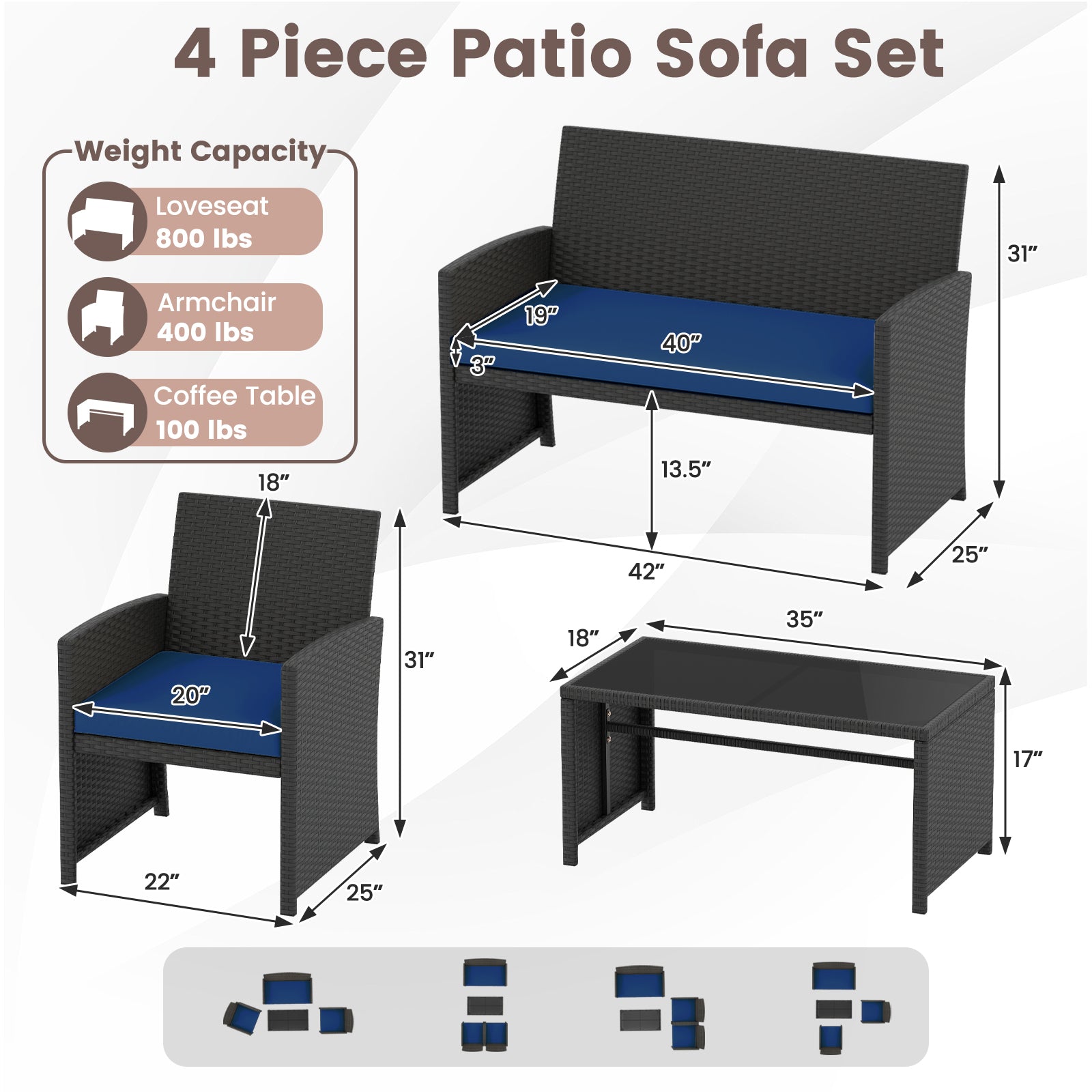 4 Pieces Patio Furniture Set with Tempered Glass Tabletop and Removable Cushion-Navy