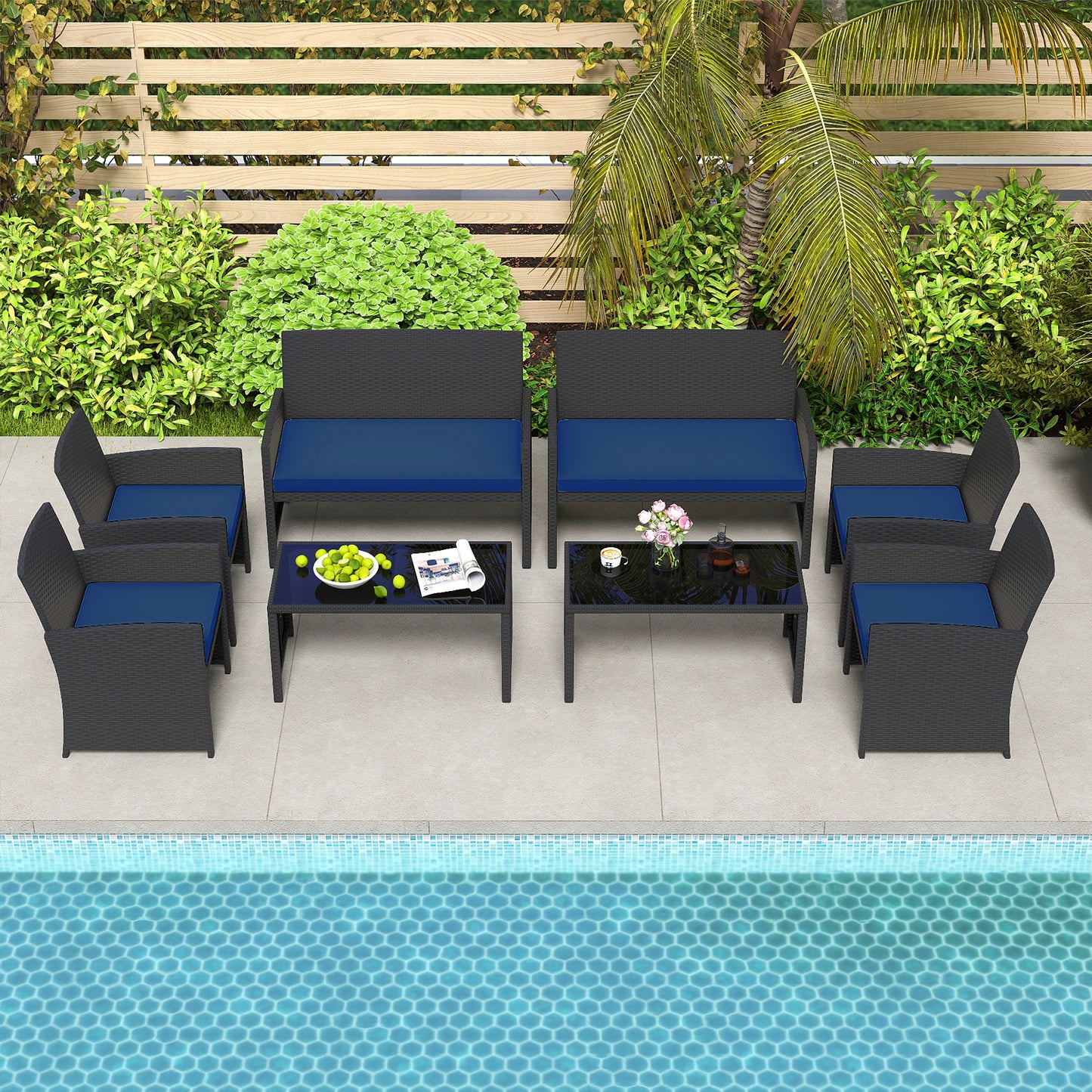 4 Pieces Patio Furniture Set with Tempered Glass Tabletop and Removable Cushion-Navy