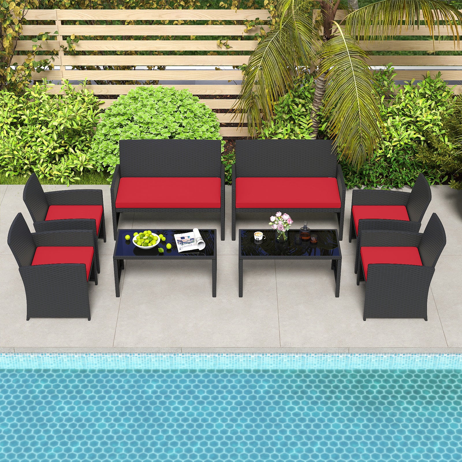 4 Pieces Patio Furniture Set with Tempered Glass Tabletop and Removable Cushion-Red