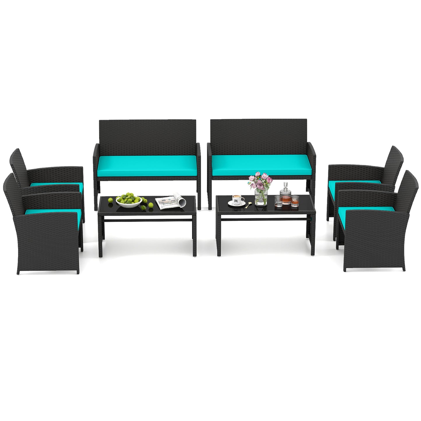 4 Pieces Patio Furniture Set with Tempered Glass Tabletop and Removable Cushion-Turquoise