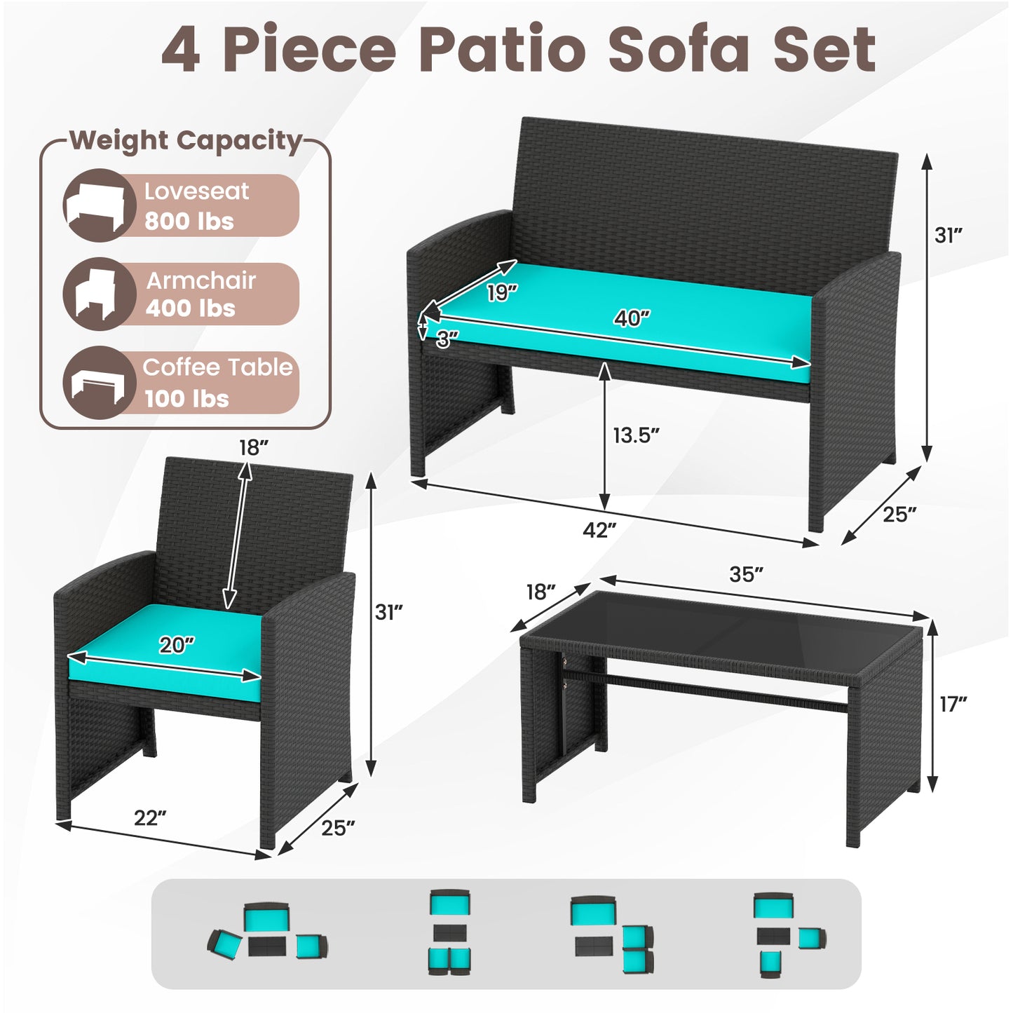 4 Pieces Patio Furniture Set with Tempered Glass Tabletop and Removable Cushion-Turquoise