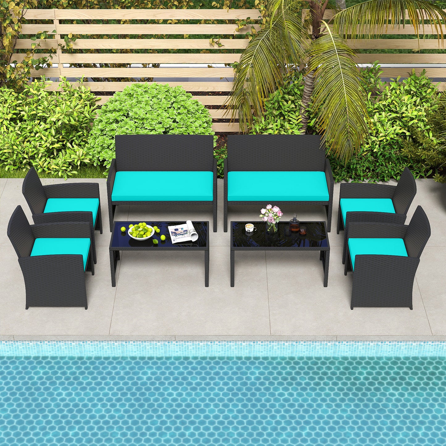 4 Pieces Patio Furniture Set with Tempered Glass Tabletop and Removable Cushion-Turquoise
