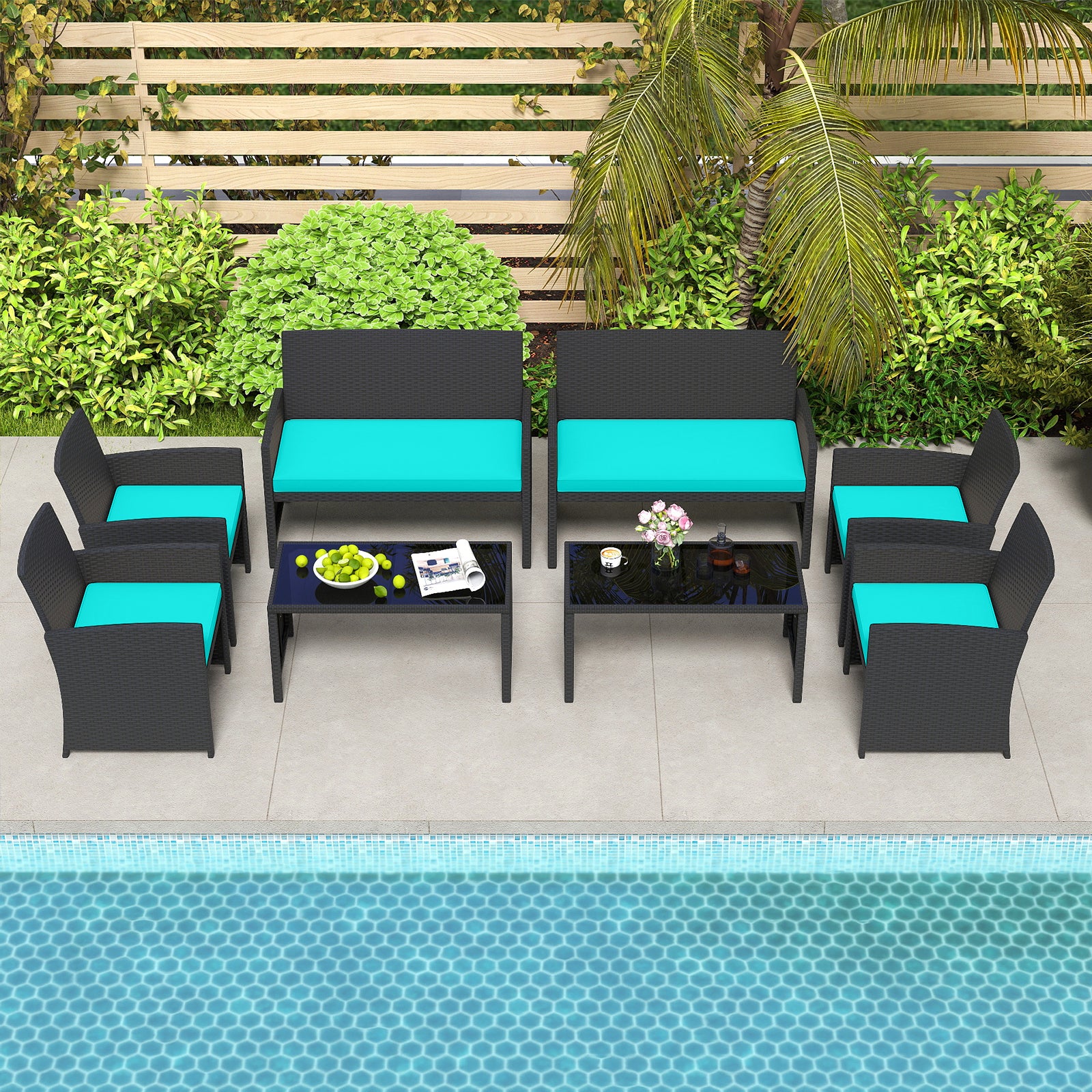 4 Pieces Patio Furniture Set with Tempered Glass Tabletop and Removable Cushion-Turquoise