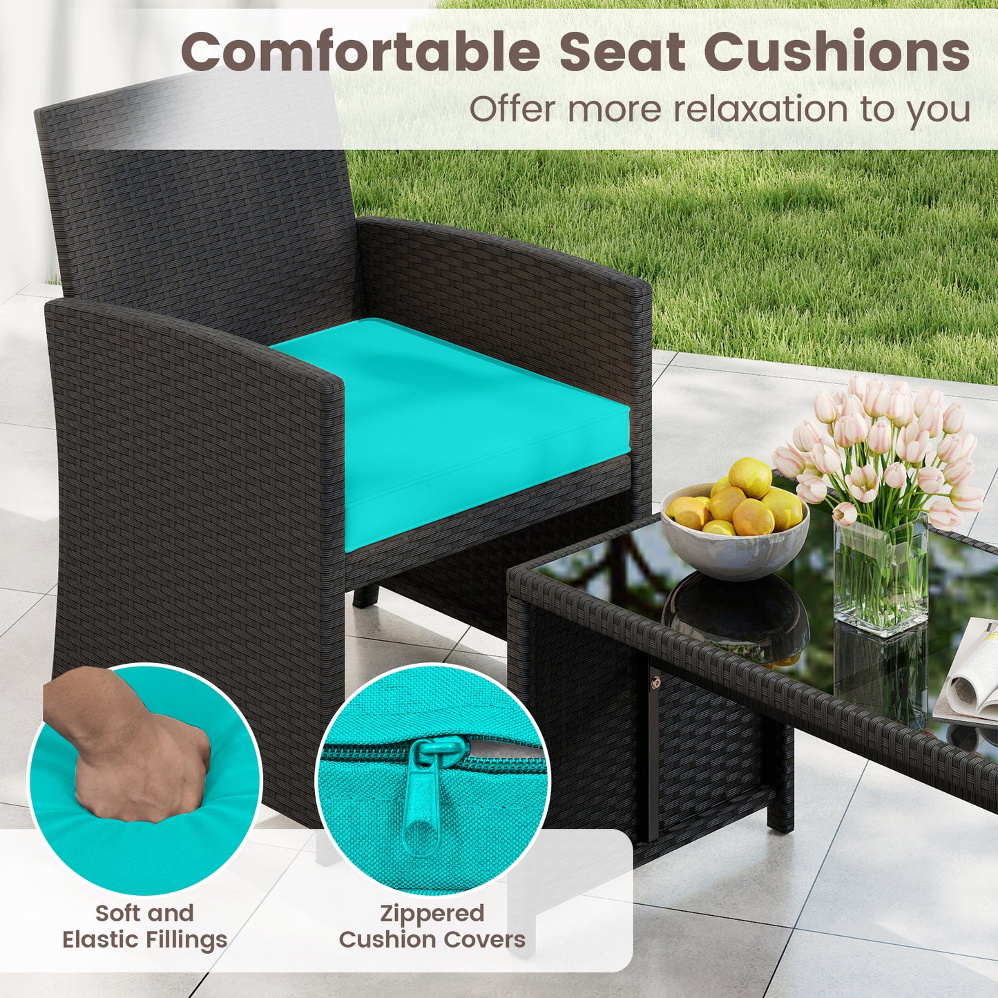4 Pieces Patio Furniture Set with Tempered Glass Tabletop and Removable Cushion-Turquoise
