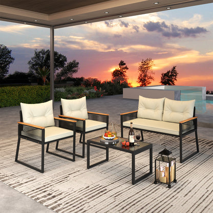 4 Pieces Patio Furniture Set Outdoor Conversation Set with Tempered Glass Coffee Table-Black