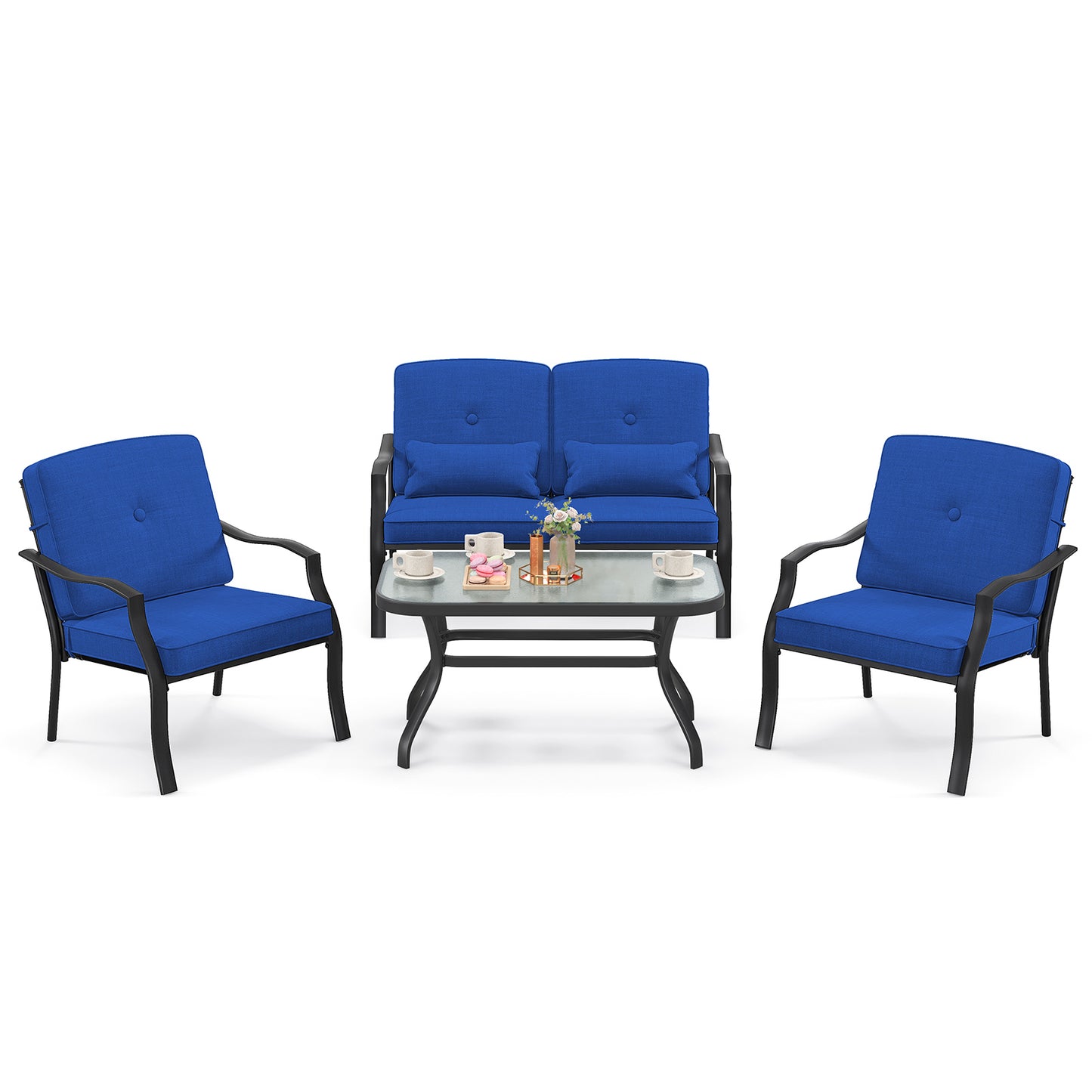 4 Pieces Outdoor Conversation Set with Seat Back Cushions and Waist Pillows-Gray - Navy
