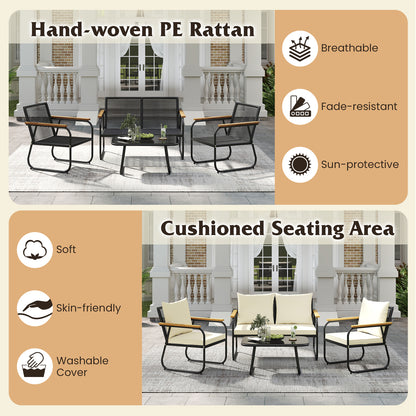 4 Pieces Patio Furniture Set with Tempered Glass Coffee Table