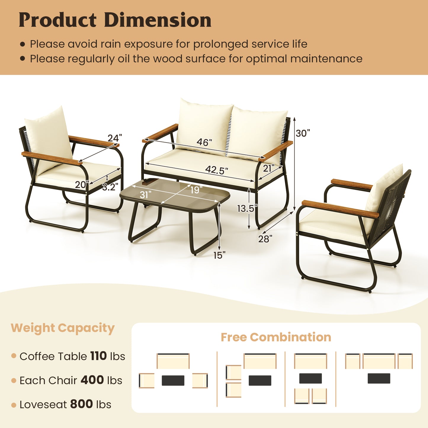 4 Pieces Patio Furniture Set with Tempered Glass Coffee Table