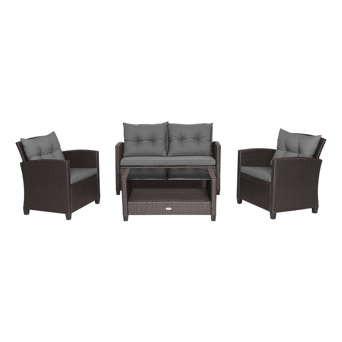 4 Pieces Patio Rattan Conversation Furniture Set with Glass Top Coffee Table-Gray
