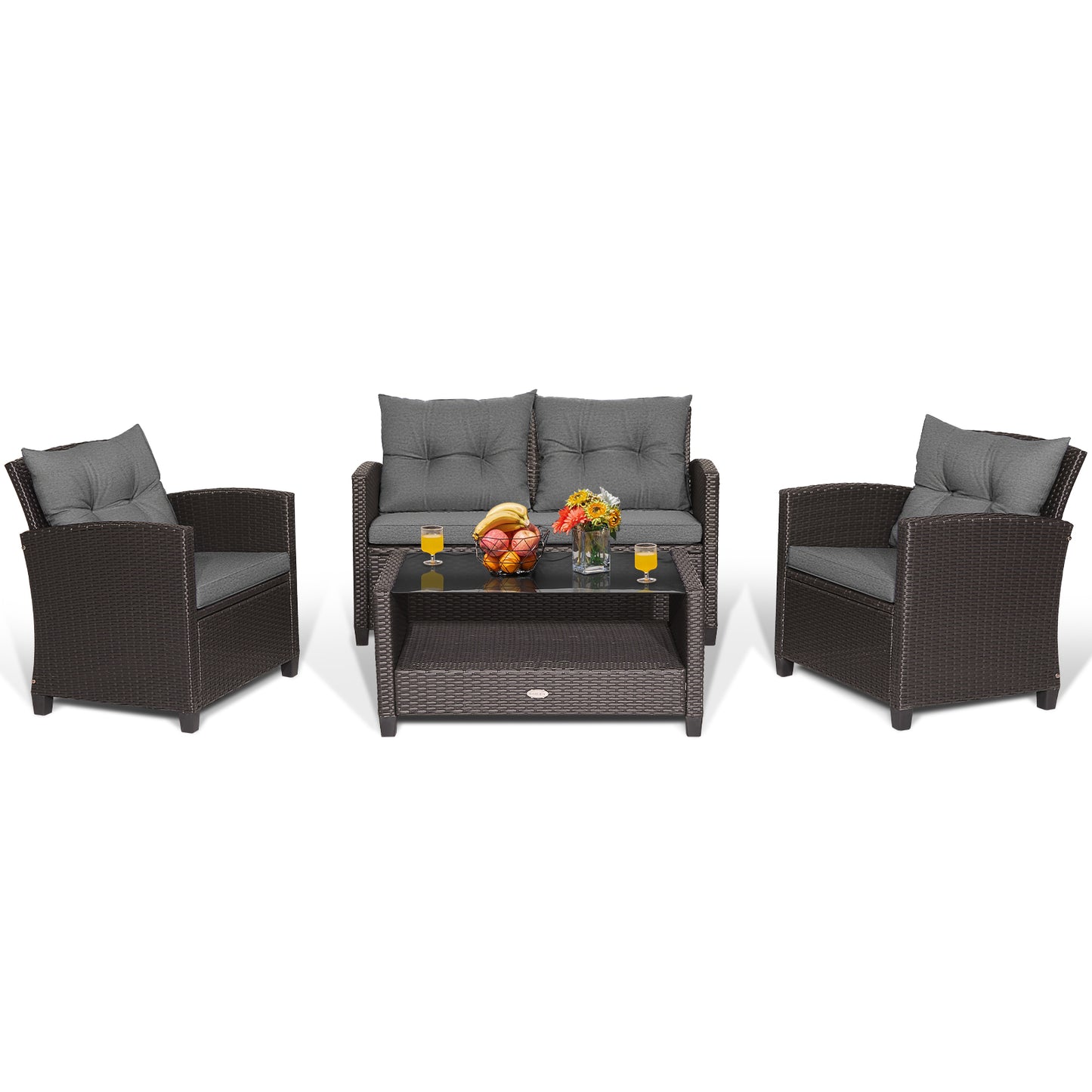 4 Pieces Patio Rattan Conversation Furniture Set with Glass Top Coffee Table-Gray