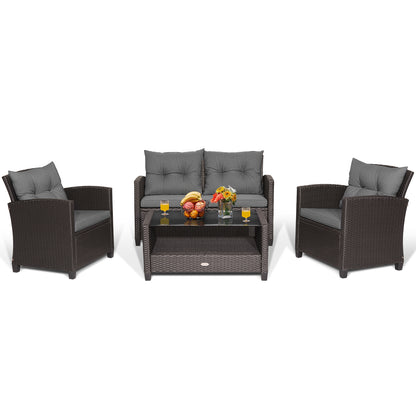 4 Pieces Patio Rattan Conversation Furniture Set with Glass Top Coffee Table-Gray