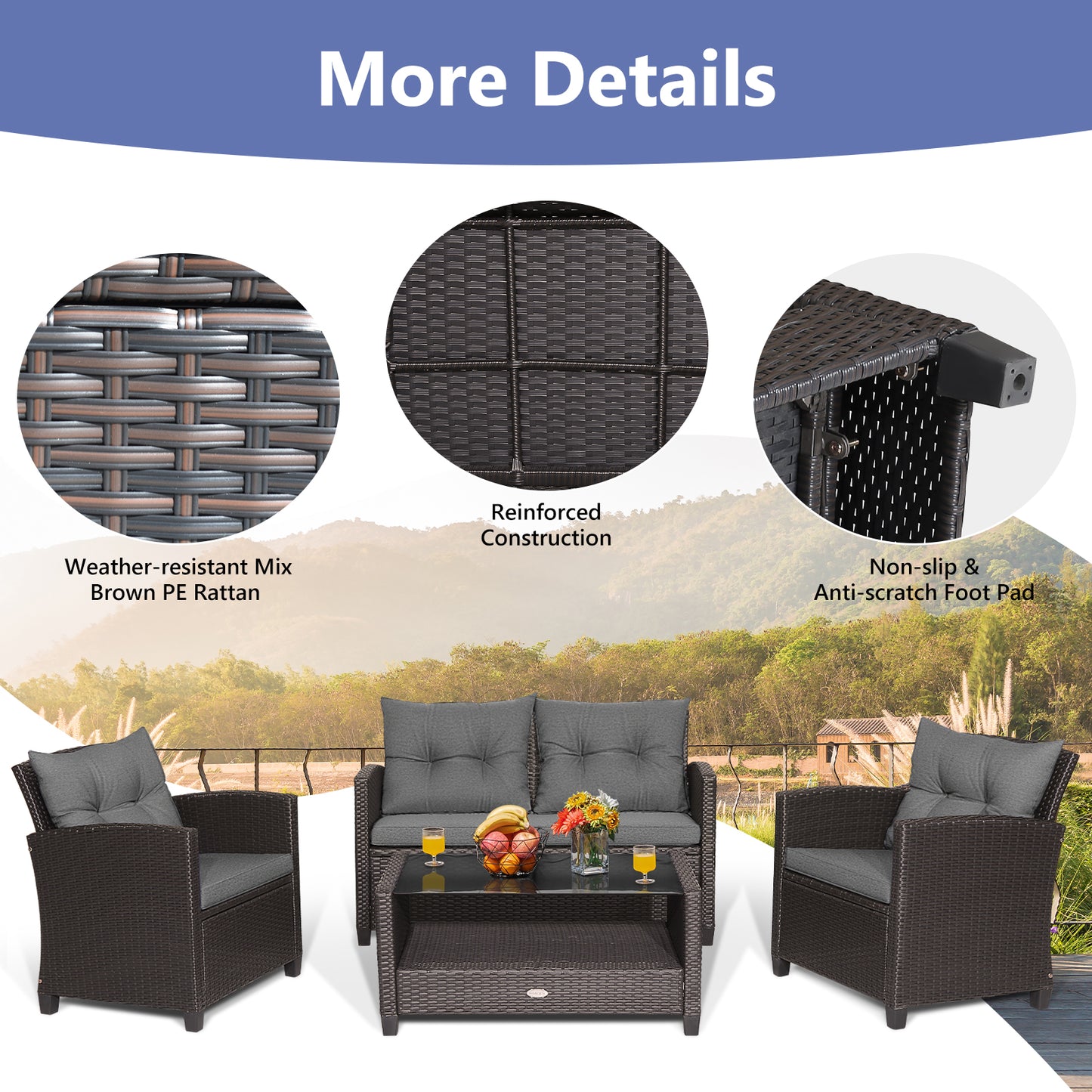 4 Pieces Patio Rattan Conversation Furniture Set with Glass Top Coffee Table-Gray