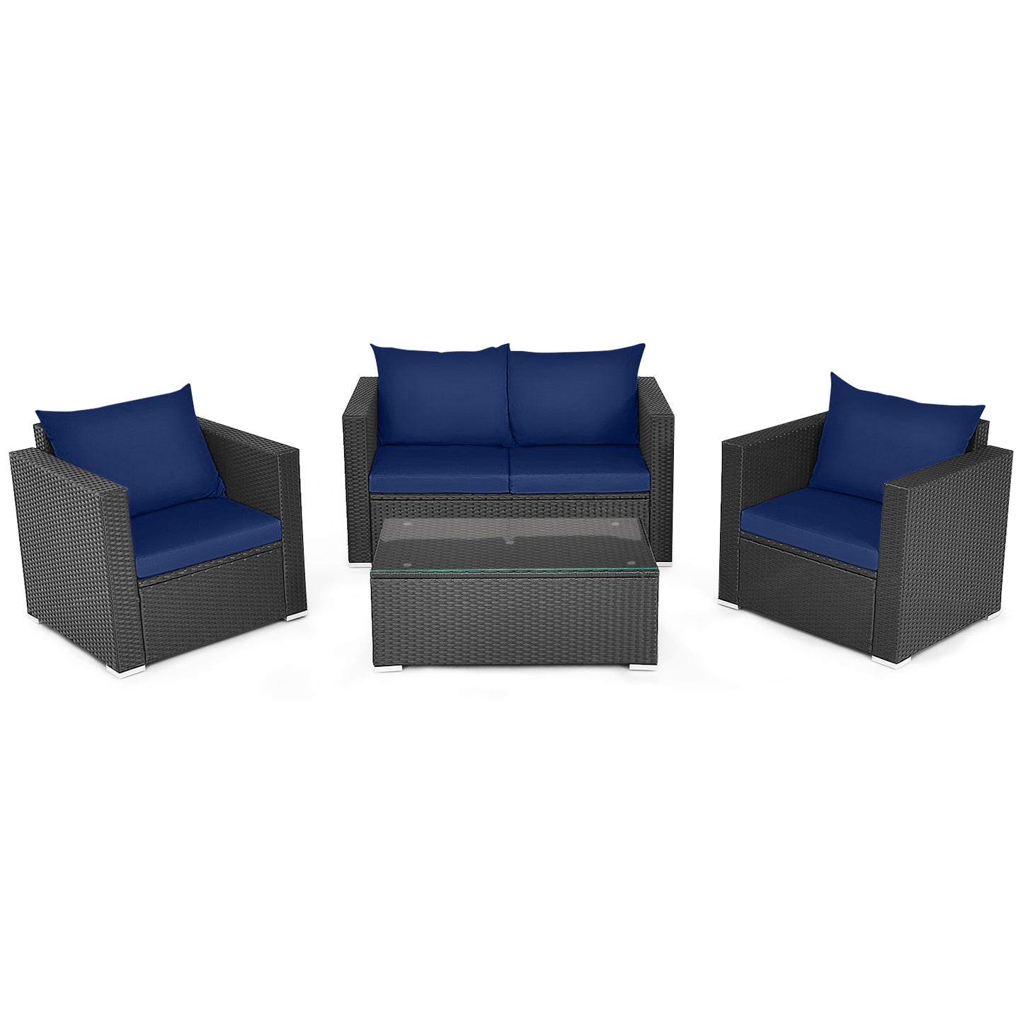 4 Pieces Patio Rattan Conversation Set with Cushions and Coffee Table-Red - Navy