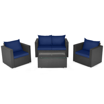 4 Pieces Patio Rattan Conversation Set with Cushions and Coffee Table-Red - Navy