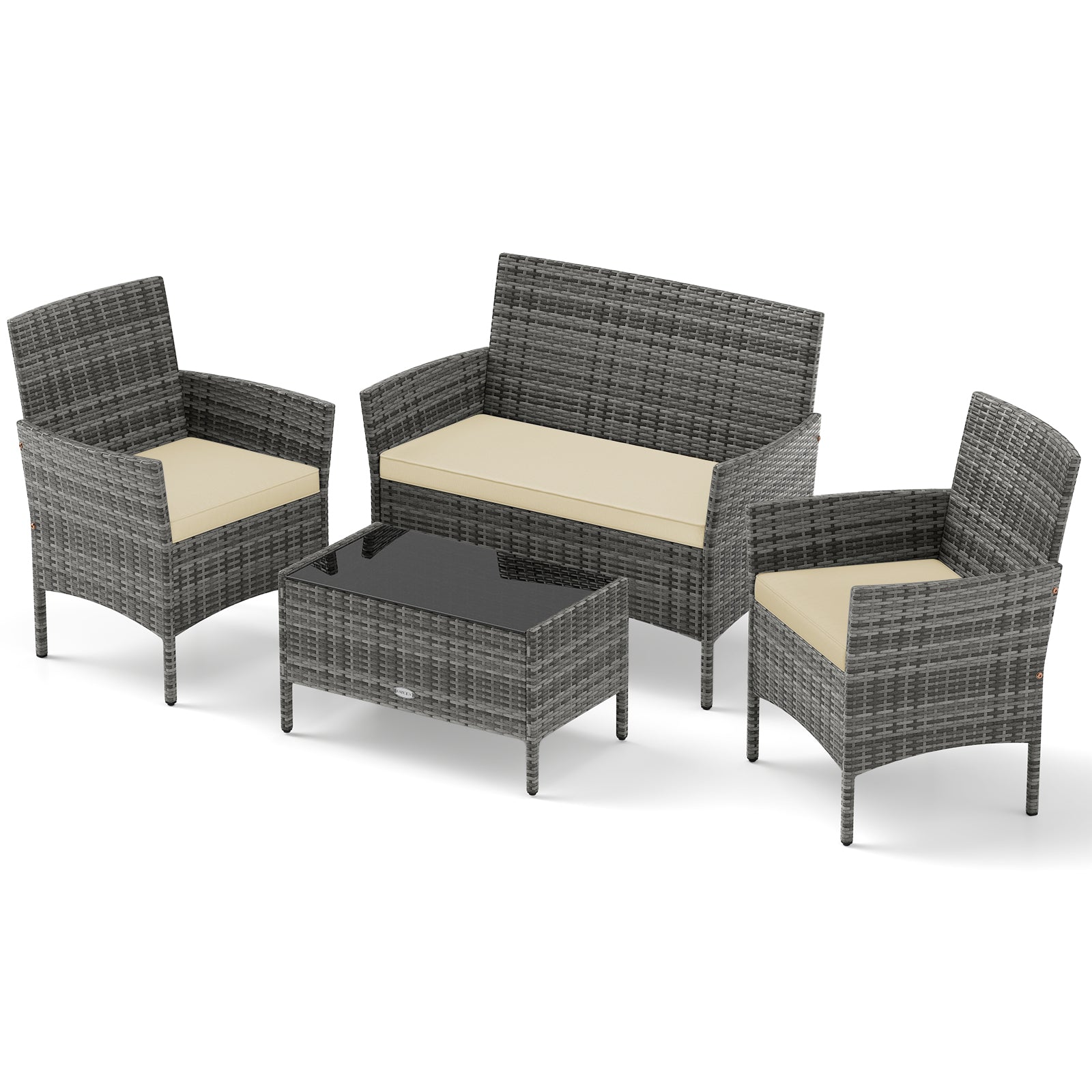 4 Pieces Patio Rattan Conversation Set with Tempered Glass Coffee Table-Turquoise - Beige